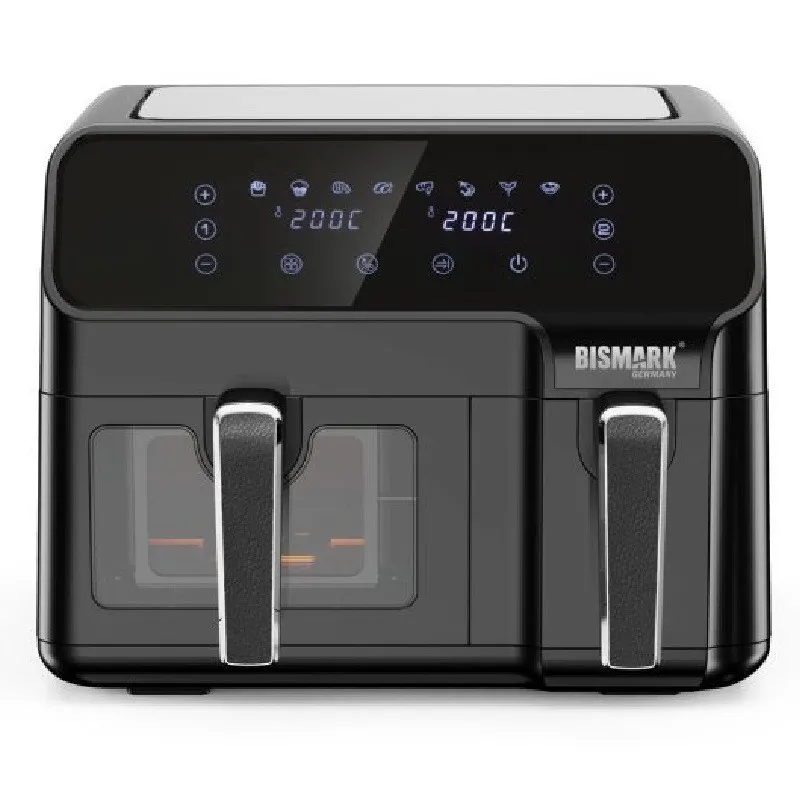 سرخ‌کن دوقلوی بیسمارک مدل BM3603 – ظرفیت 9 لیتر (7 + 2)، توان 3000 وات، کنترل دیجیتال لمسی، طراحی مدرن + گارانتی 24 ماهه بیسمارک سرویس